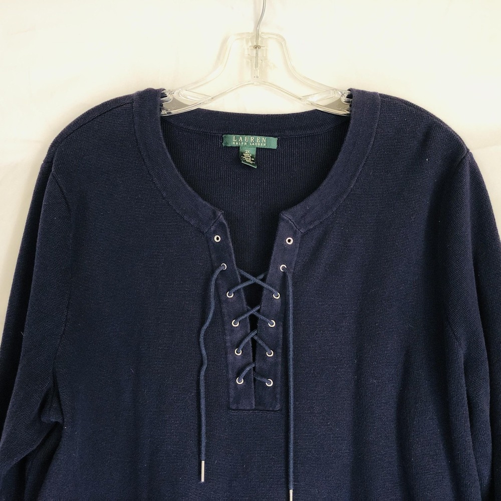 Lauren Ralph Lauren Sweater Womens 2X Navy Lace Up Tunic Pullover Long Sleeve - Picture 2 of 8